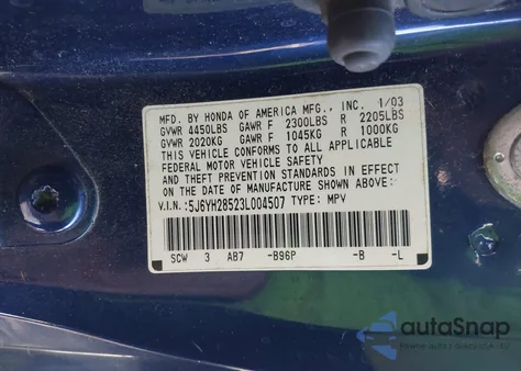2003 Honda Element Ex z USA, uszkodzony, nr VIN 5J6YH28523L004507